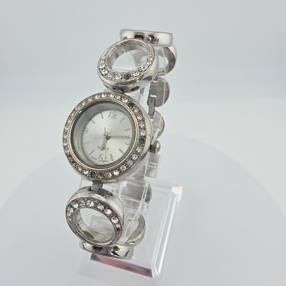 Vtg ACCUTIME‎ Ladies Watch Crystal Accents Geometric Link Band Stainless 7.25"